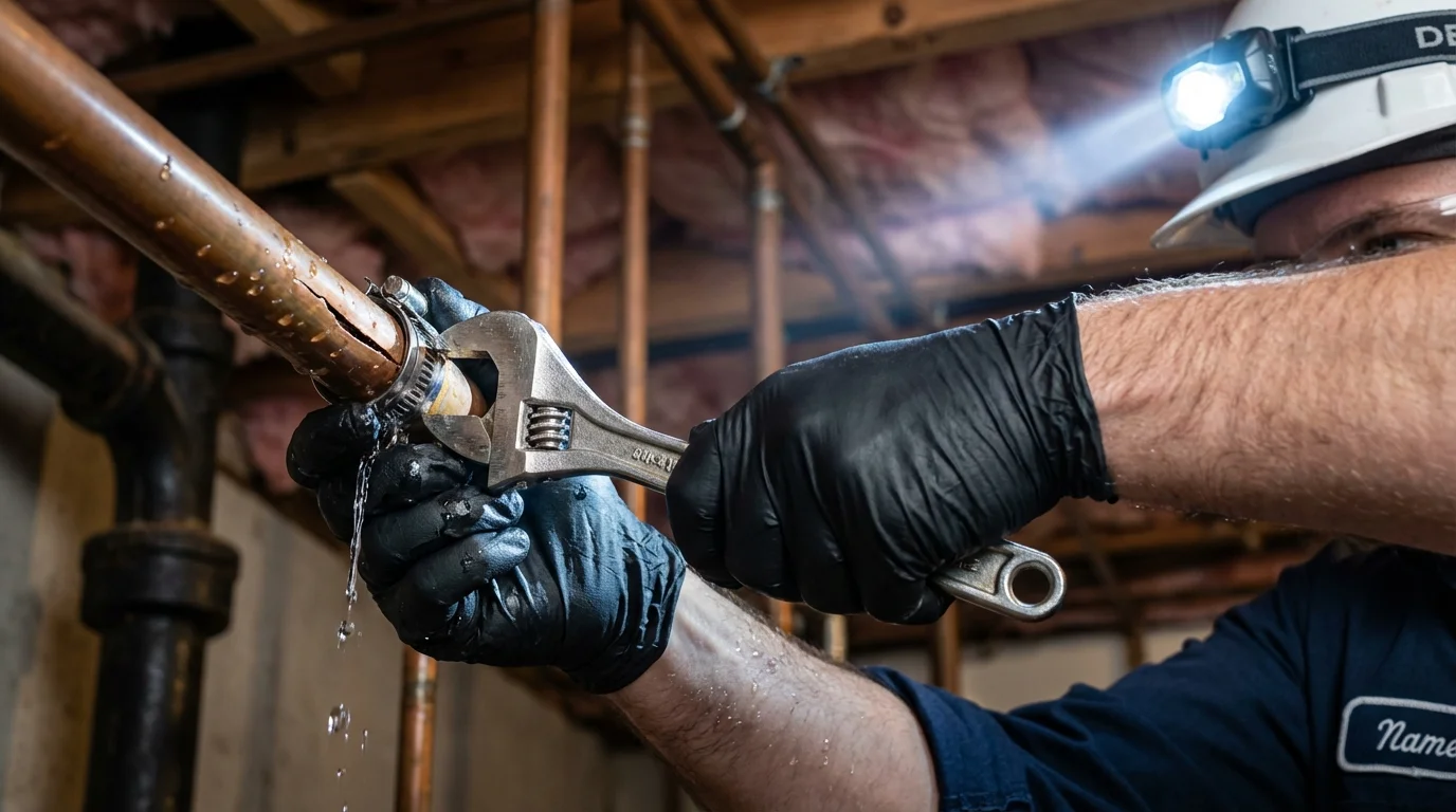Emergency pipe clamp repair being performed by a Johns Plumbing LLC plumber in Miramar Beach