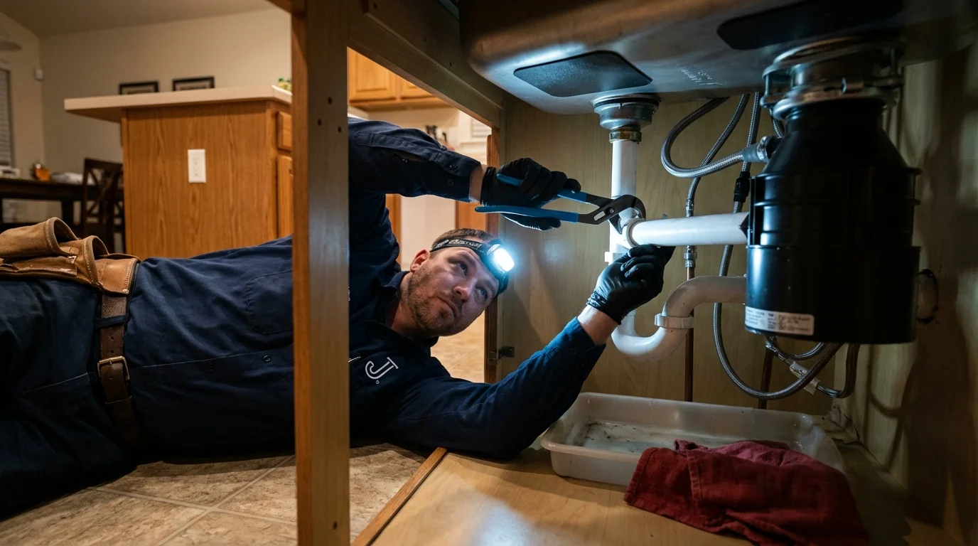 P-trap and supply line connections under a kitchen sink showing a common leak point in Miramar Beach, FL